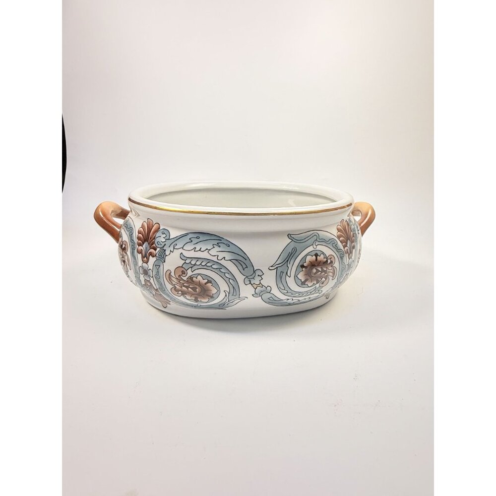Jardiniere Planter Pot Hand Painted Handled Ceramaic Teal Brown Home Decor Decor - Picture 2 of 16